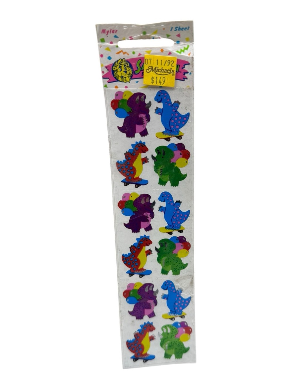 NEW VTG 1990 MYLAR SANDYLION STICKER DESIGNS PRISMATIC HOLO FOIL SHEET DINOSAUR